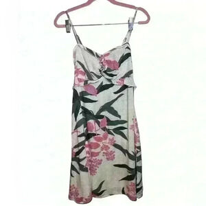 O’Neill Viscose Earthy Green & Pink Budded Flower Stretchy Adjustable Mini Dress